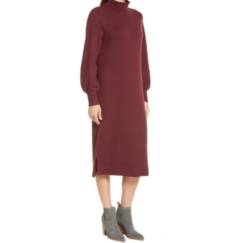 𝅺caslon Double Knit Long Sleeve Turtleneck Sweater Dress in wine color XS